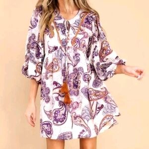 Purple Paisley Long Sleeve Mini Dress with Tassels